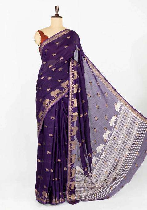 Purple Woven Synthetic Dola Silk Saree With Lion Motifs With Buttas And Brocade Design For Women