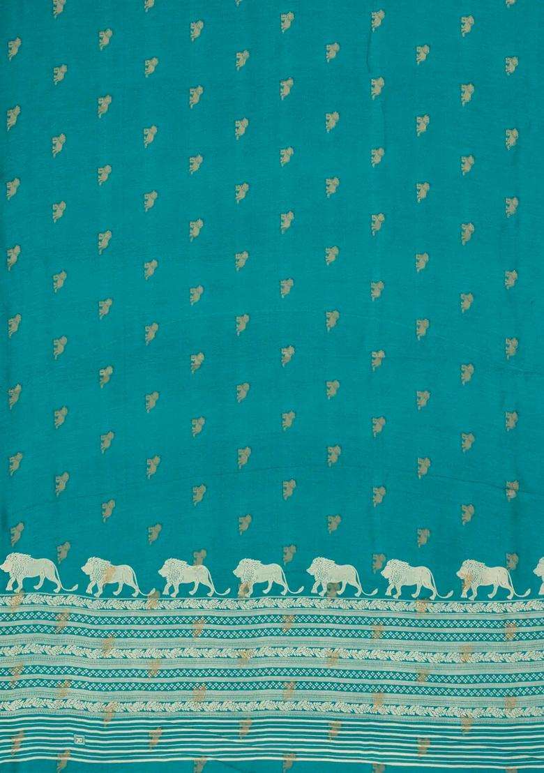 Turquoise Woven Synthetic Dola Silk Saree With Lion Motifs With Buttas And Brocade Design For Women - Indya