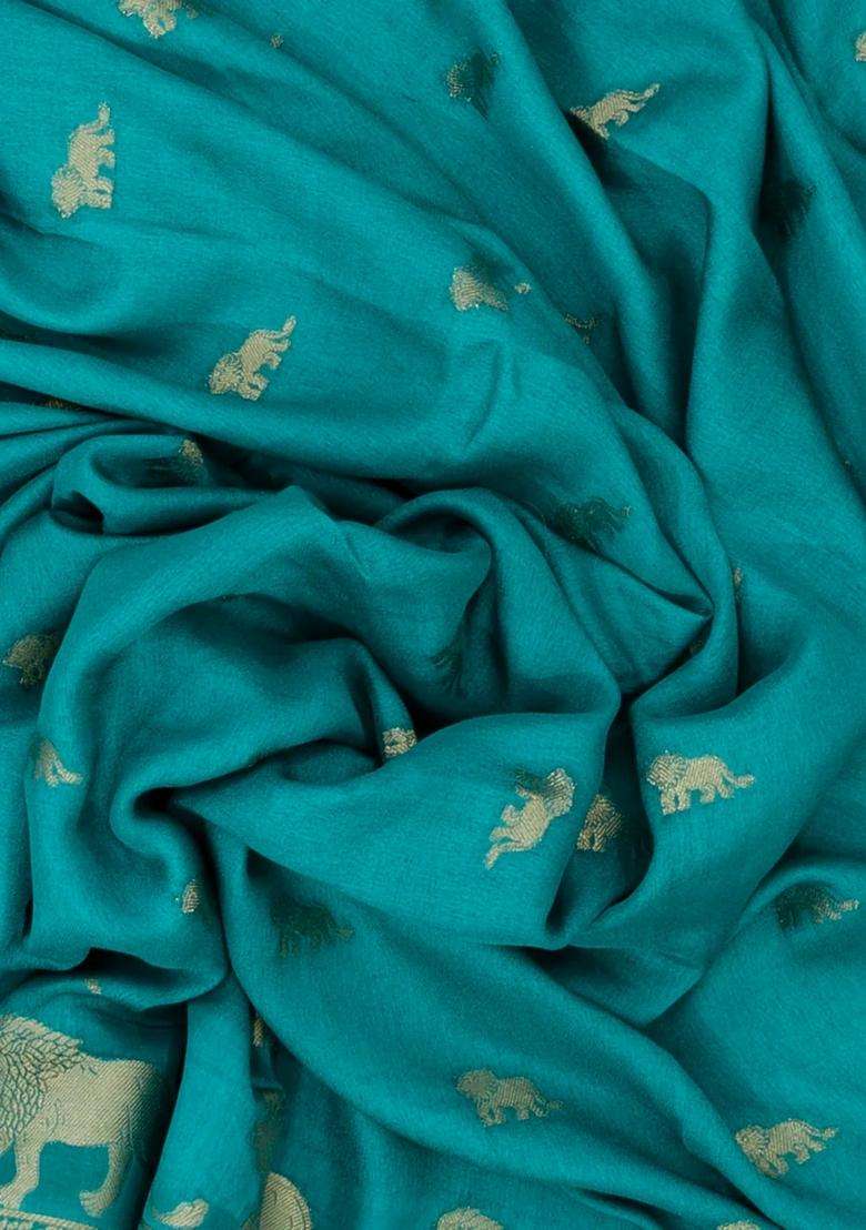 Turquoise Woven Synthetic Dola Silk Saree With Lion Motifs With Buttas And Brocade Design For Women - Indya