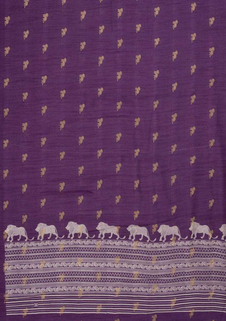 Lilac Woven Synthetic Dola Silk Saree With Lion Motifs With Buttas And Brocade Design For Women - Indya