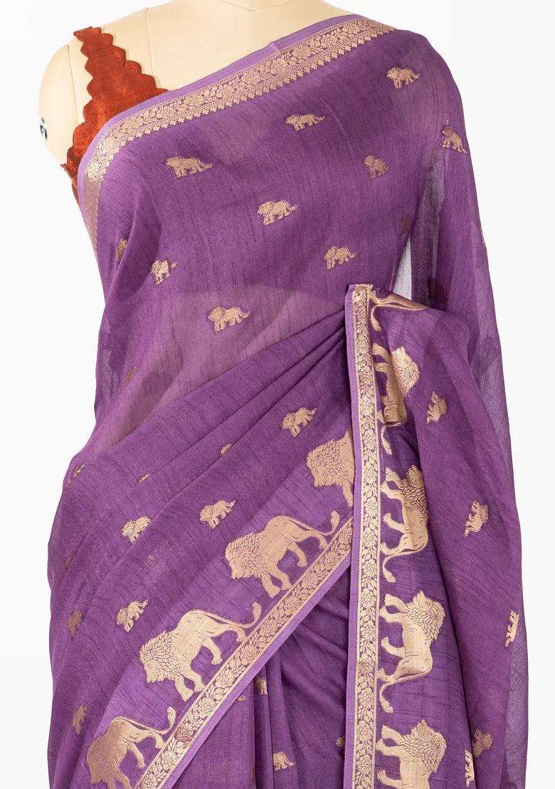 Lilac Woven Synthetic Dola Silk Saree With Lion Motifs With Buttas And Brocade Design For Women - Indya