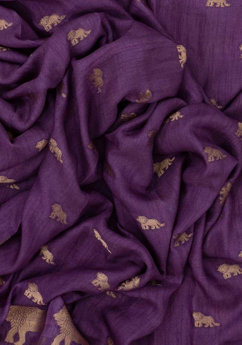 Lilac Woven Synthetic Dola Silk Saree With Lion Motifs With Buttas And Brocade Design For Women - Indya