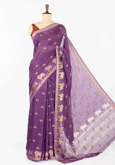 Lilac Woven Synthetic Dola Silk Saree With Lion Motifs With Buttas And Brocade Design For Women