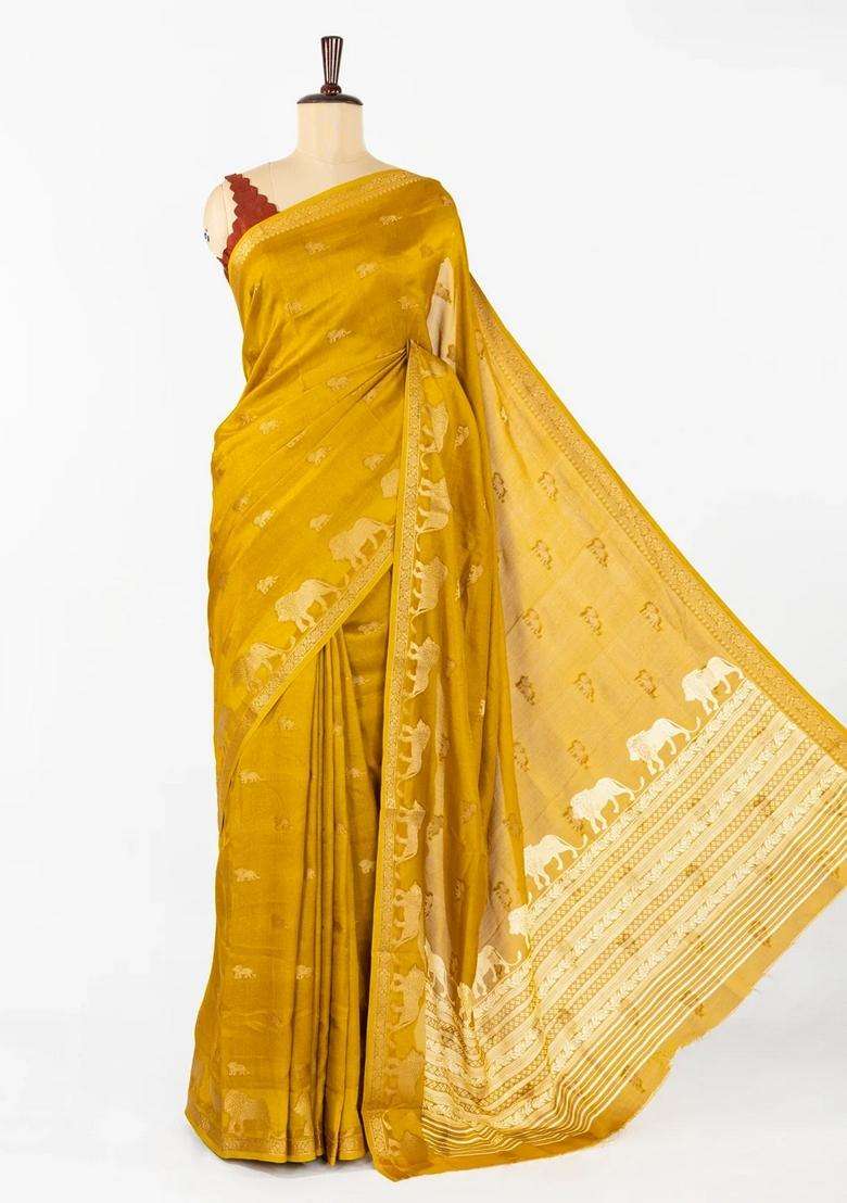 Mustard Woven Synthetic Dola Silk Saree With Lion Motifs With Buttas And Brocade Design For Women - Indya