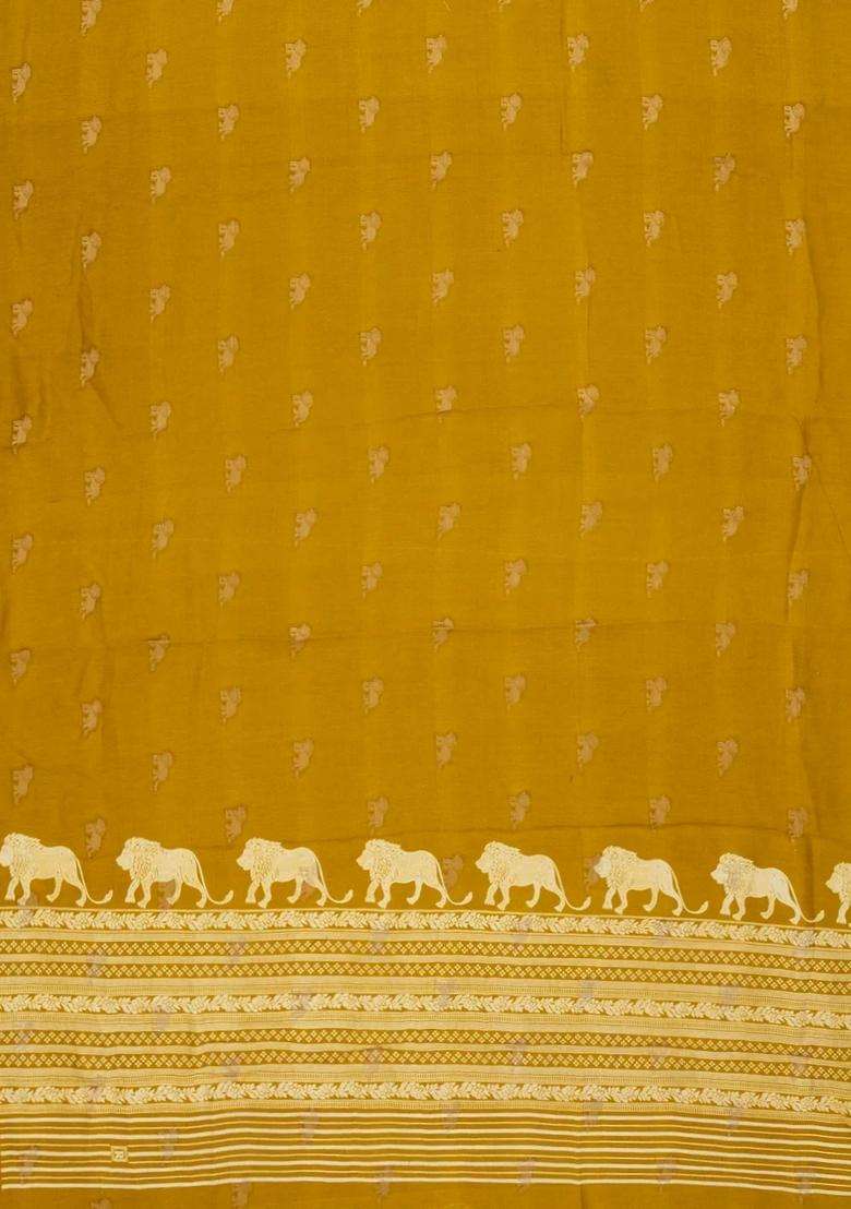 Mustard Woven Synthetic Dola Silk Saree With Lion Motifs With Buttas And Brocade Design For Women - Indya