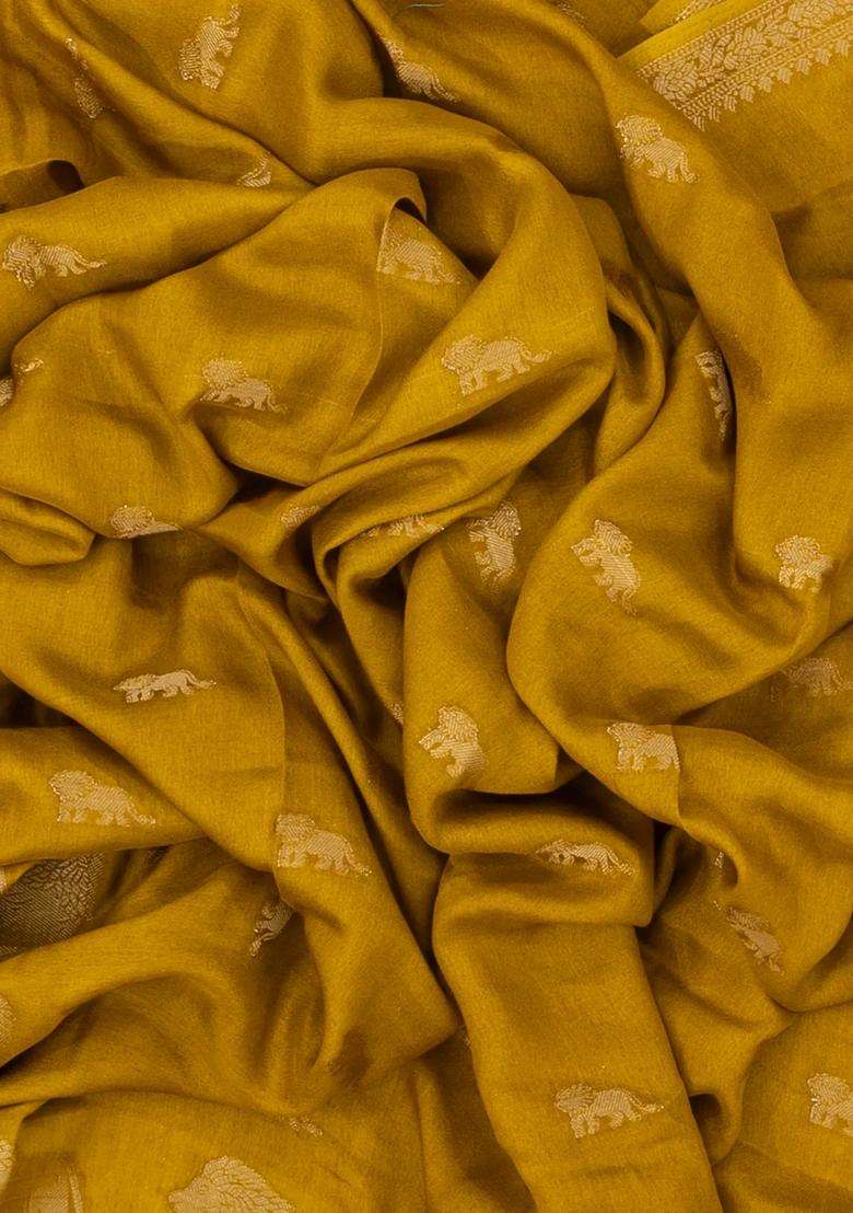 Mustard Woven Synthetic Dola Silk Saree With Lion Motifs With Buttas And Brocade Design For Women - Indya
