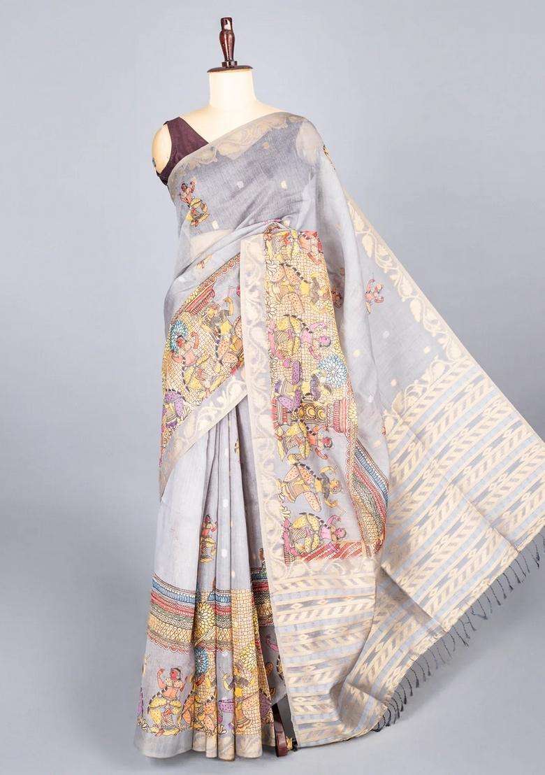 Grey Woven Art Chanderi Silk Cotton Saree With Printed Goddess Motifs For Women - Indya