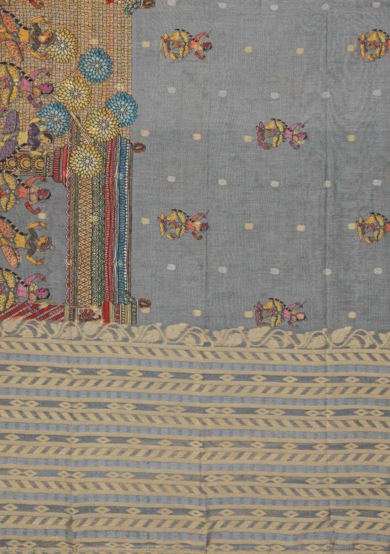 Grey Woven Art Chanderi Silk Cotton Saree With Printed Goddess Motifs For Women - Indya