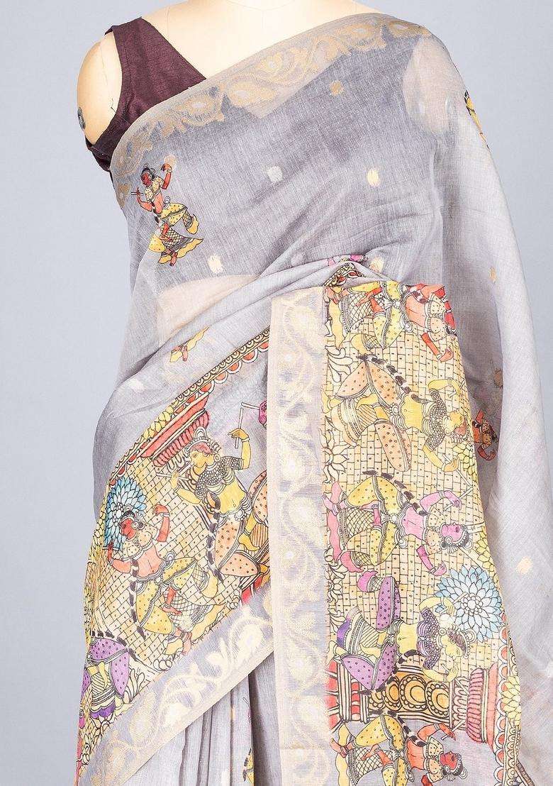 Grey Woven Art Chanderi Silk Cotton Saree With Printed Goddess Motifs For Women - Indya