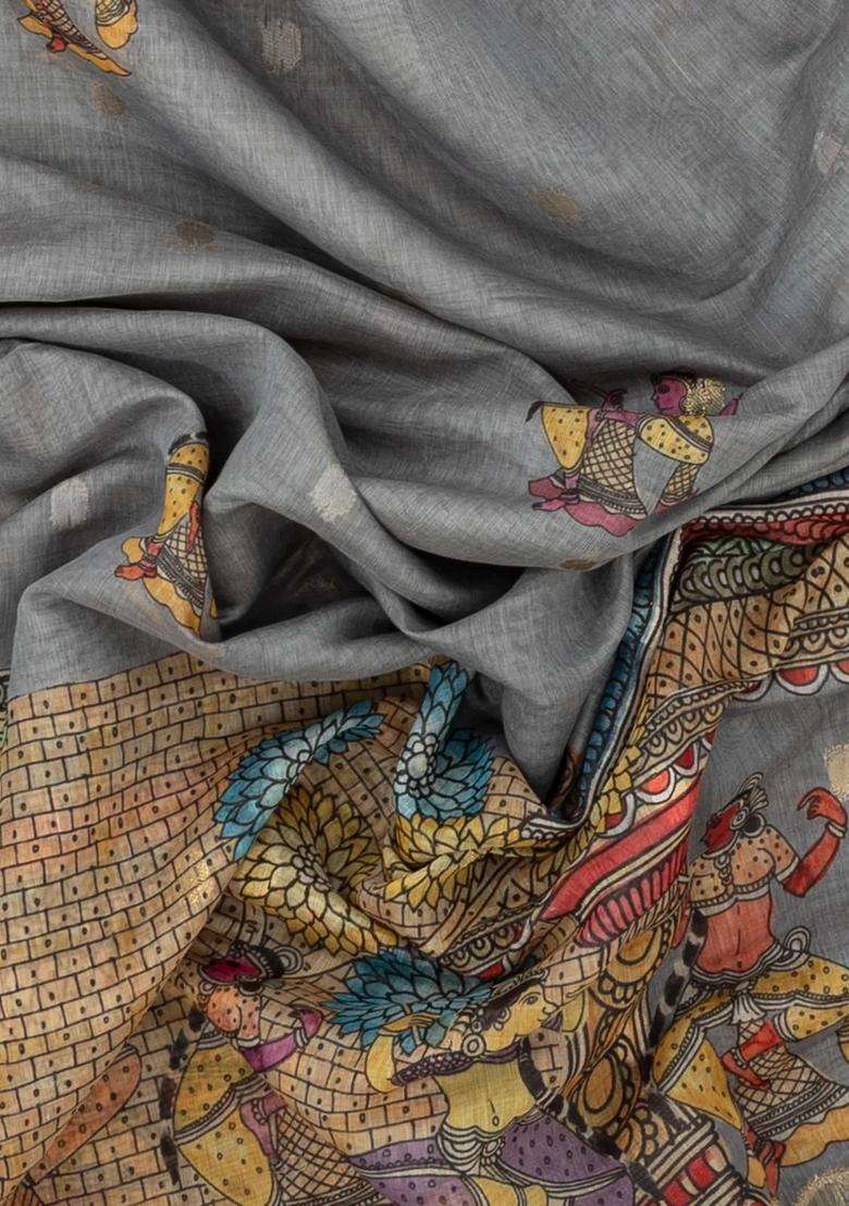 Grey Woven Art Chanderi Silk Cotton Saree With Printed Goddess Motifs For Women - Indya