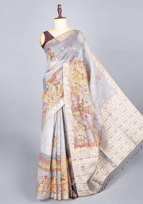 Grey Woven Art Chanderi Silk Cotton Saree With Printed Goddess Motifs For Women
