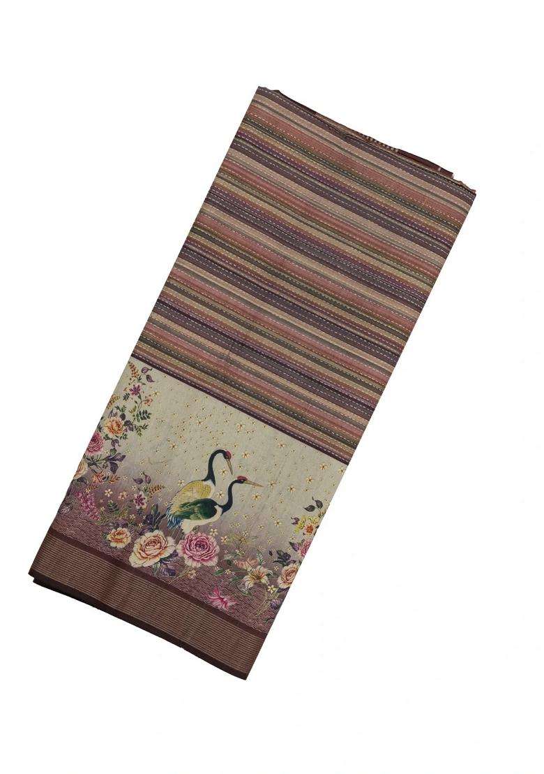 Lilac Woven Synthetic Dupion Art Silk Saree With Stripes Printed Motifs For Women - Indya
