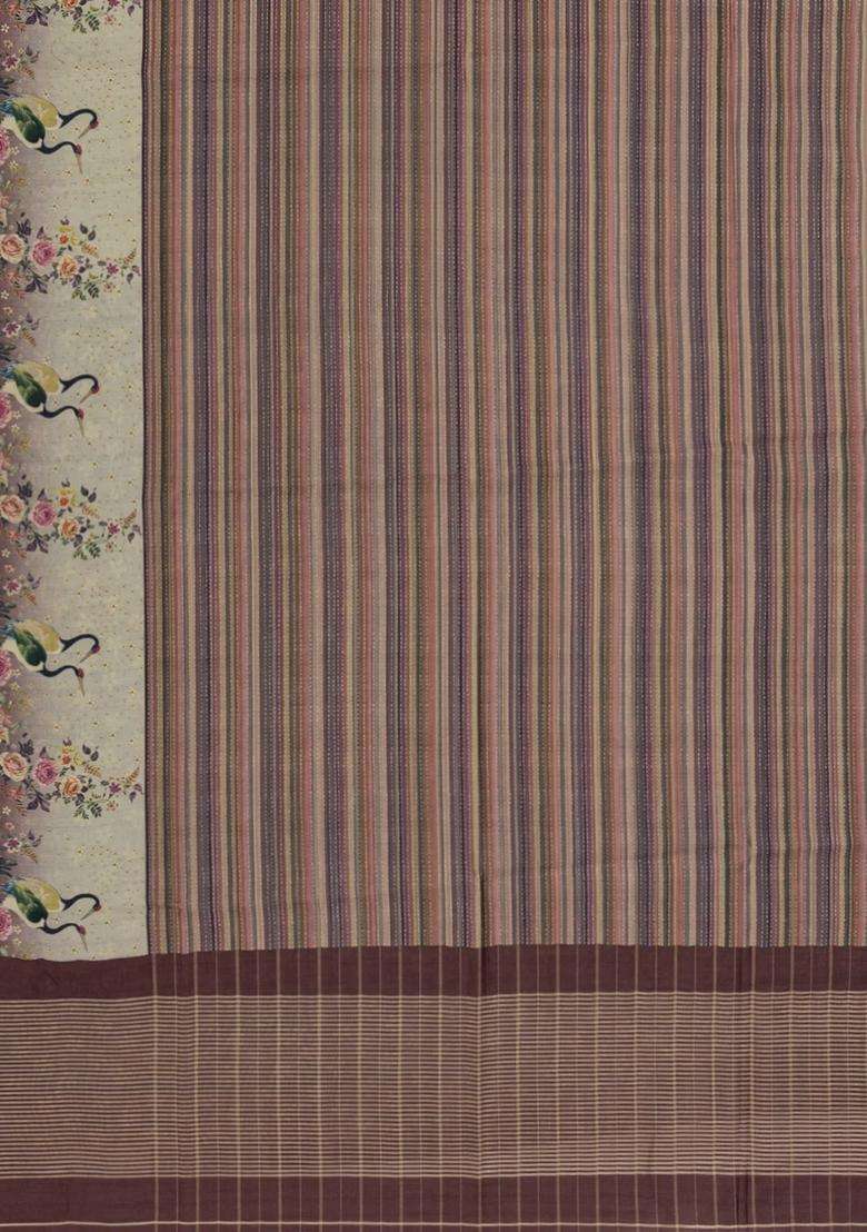 Lilac Woven Synthetic Dupion Art Silk Saree With Stripes Printed Motifs For Women - Indya
