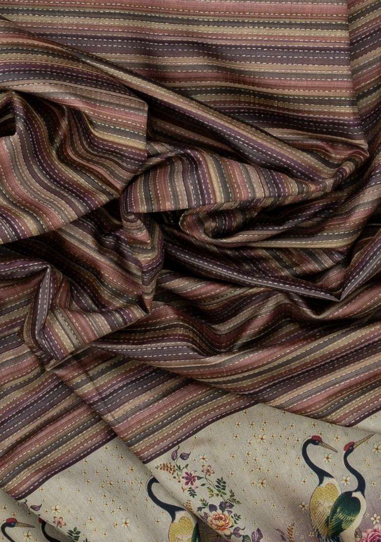 Lilac Woven Synthetic Dupion Art Silk Saree With Stripes Printed Motifs For Women - Indya