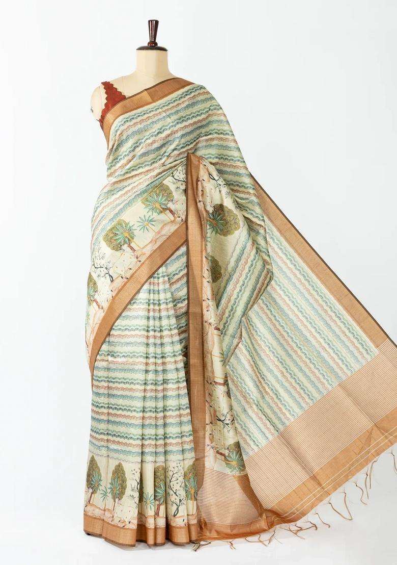 Cream Woven Synthetic Dupion Art Silk Saree With Stripes Printed Motifs For Women - Indya