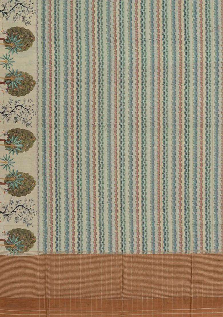 Cream Woven Synthetic Dupion Art Silk Saree With Stripes Printed Motifs For Women - Indya
