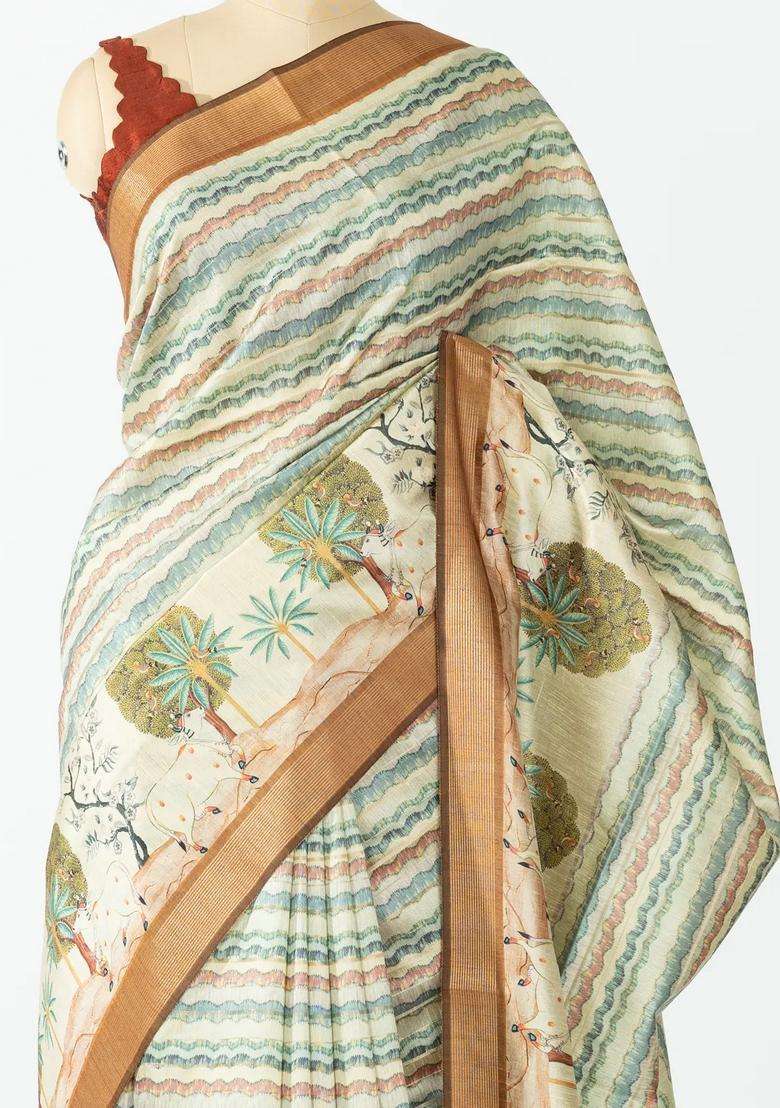 Cream Woven Synthetic Dupion Art Silk Saree With Stripes Printed Motifs For Women - Indya