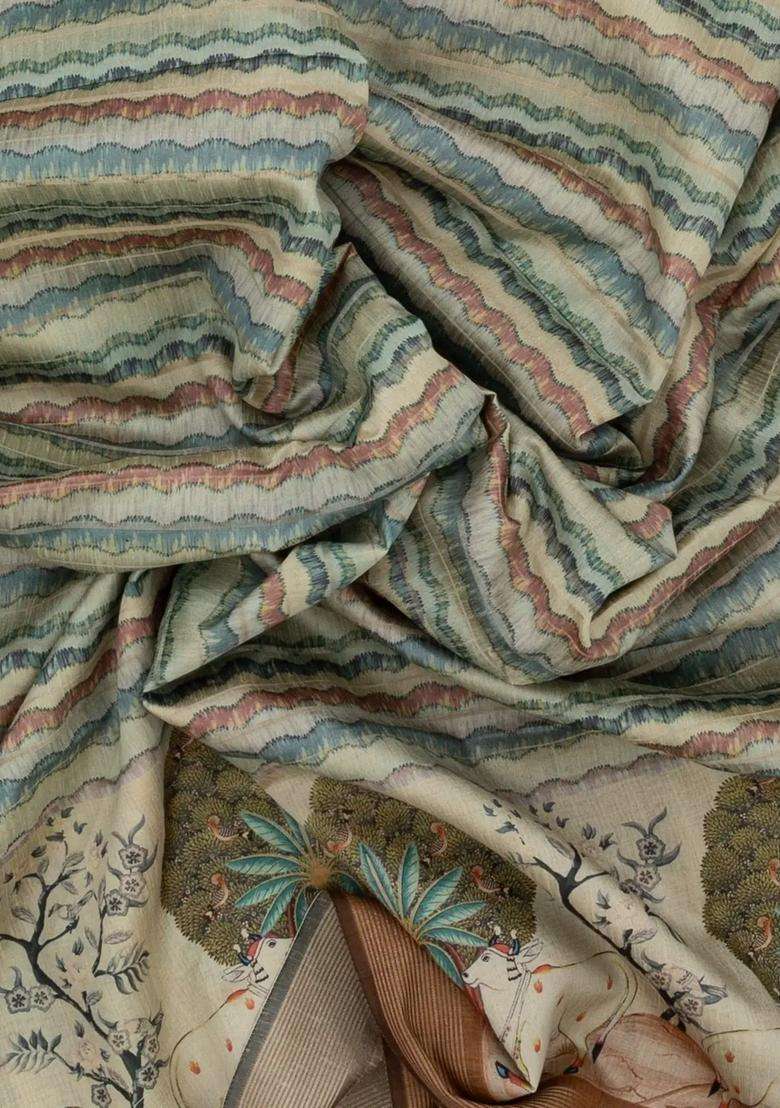 Cream Woven Synthetic Dupion Art Silk Saree With Stripes Printed Motifs For Women - Indya