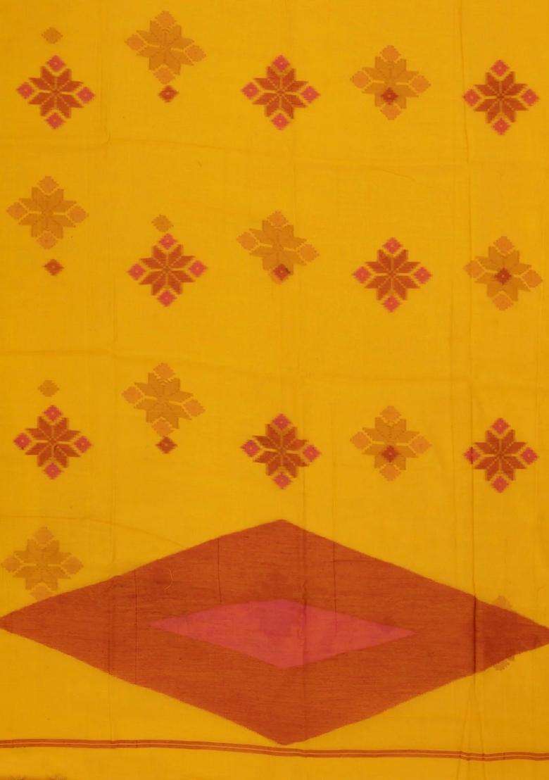 Mustard Woven Synthetic Tussar Saree With Printed Floral Motifs For Women - Indya