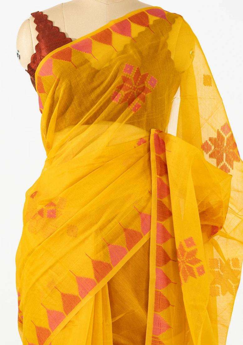 Mustard Woven Synthetic Tussar Saree With Printed Floral Motifs For Women - Indya
