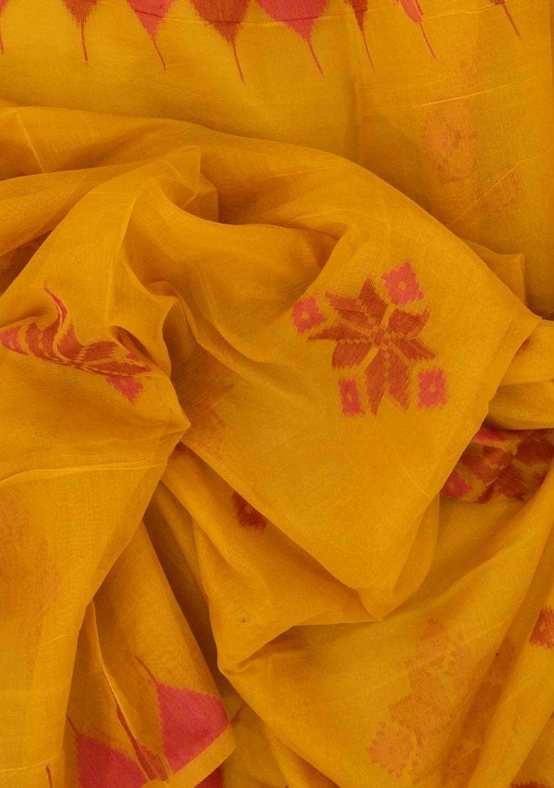 Mustard Woven Synthetic Tussar Saree With Printed Floral Motifs For Women - Indya