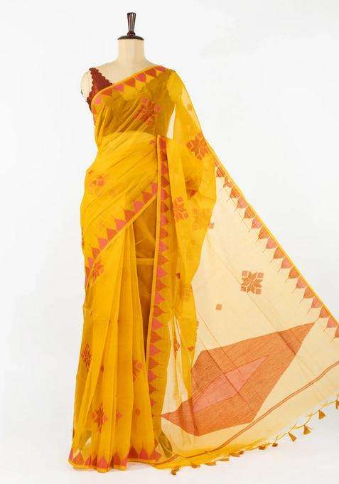 Mustard Woven Synthetic Tussar Saree With Printed Floral Motifs For Women