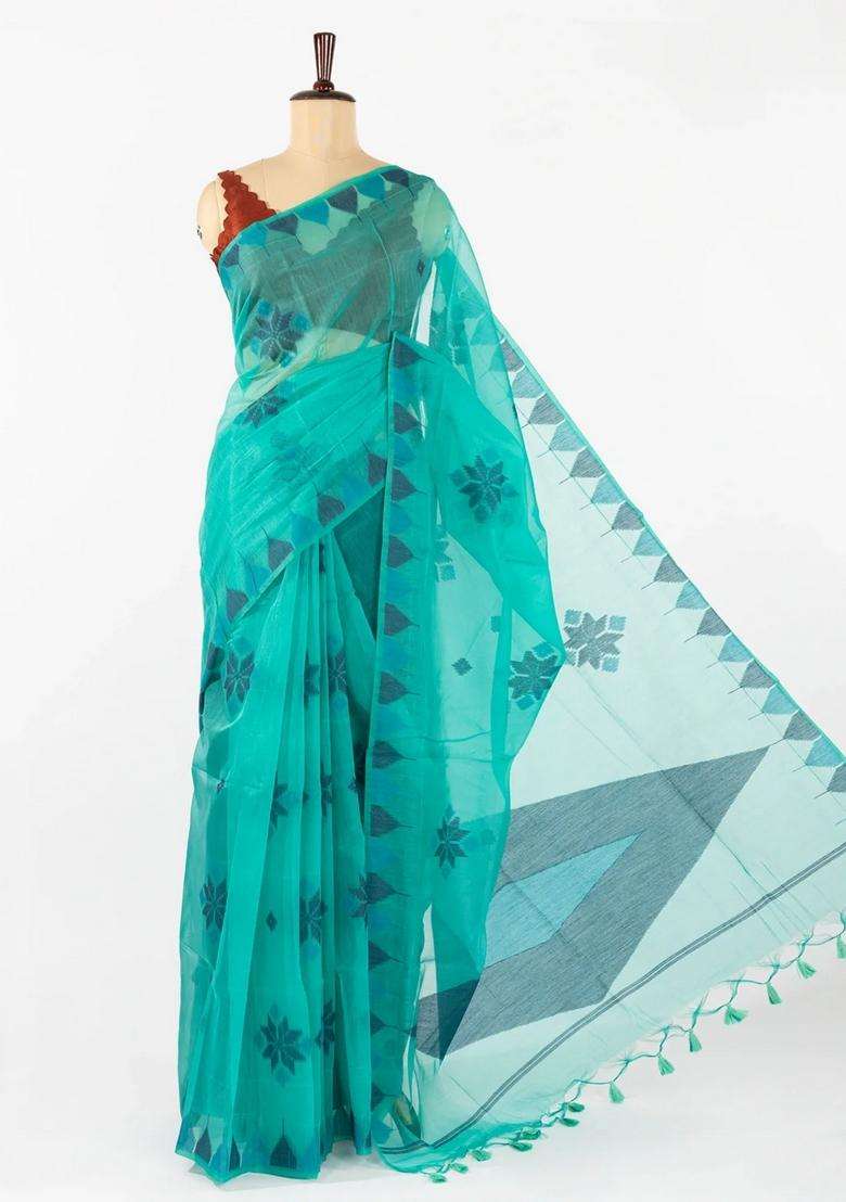 Cyan Woven Synthetic Tussar Saree With Printed Floral Motifs For Women - Indya