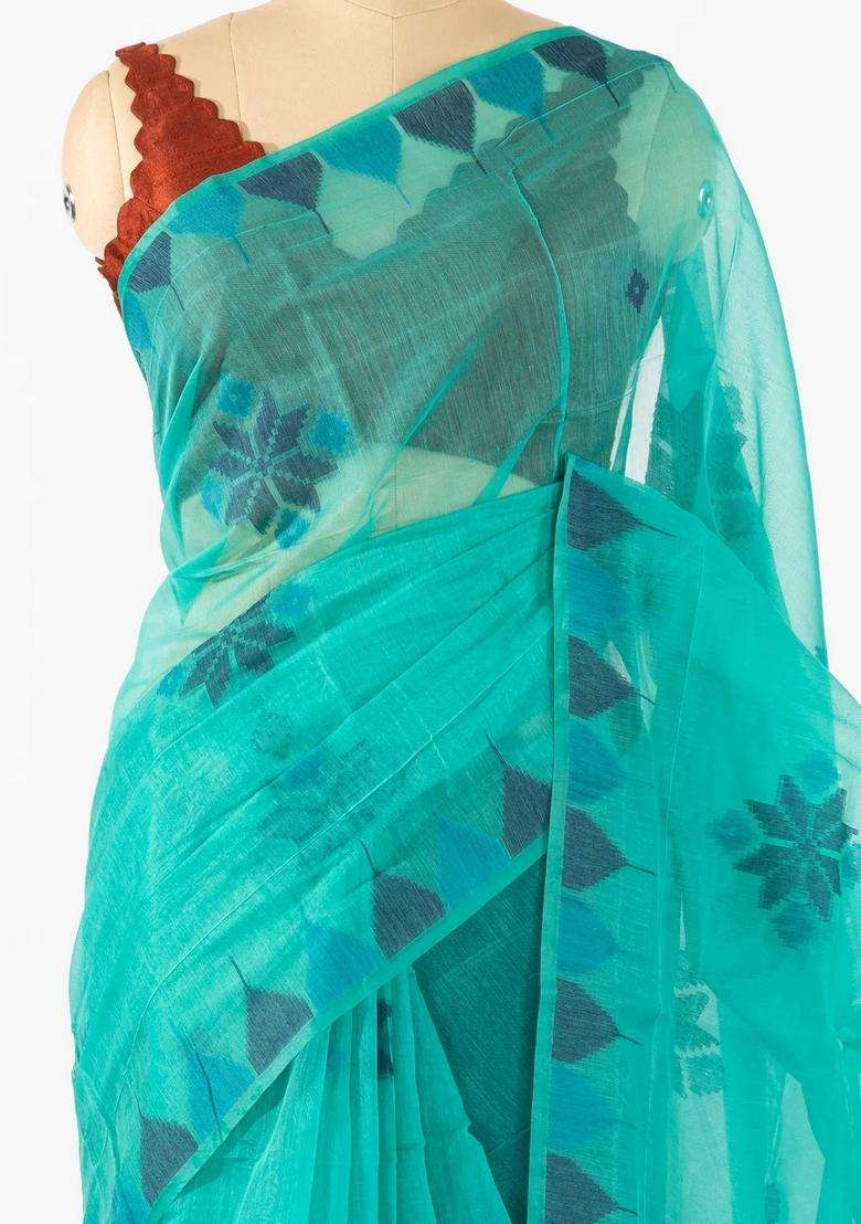 Cyan Woven Synthetic Tussar Saree With Printed Floral Motifs For Women - Indya
