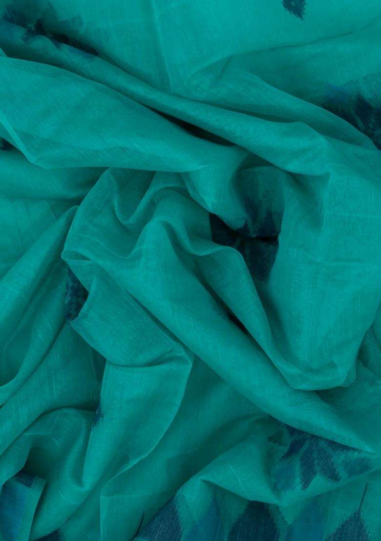 Cyan Woven Synthetic Tussar Saree With Printed Floral Motifs For Women - Indya