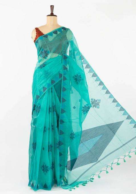 Cyan Woven Synthetic Tussar Saree With Printed Floral Motifs For Women