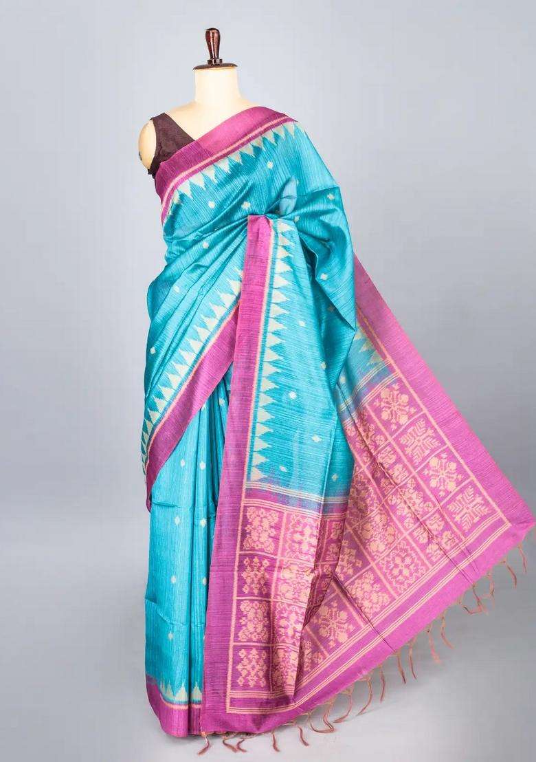 Cyan Woven Synthetic Dupion Art Silk Saree With Floral Motifs Contrast Border With Buttas And Brocade Design For Women - Indya