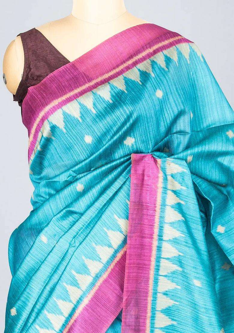 Cyan Woven Synthetic Dupion Art Silk Saree With Floral Motifs Contrast Border With Buttas And Brocade Design For Women - Indya