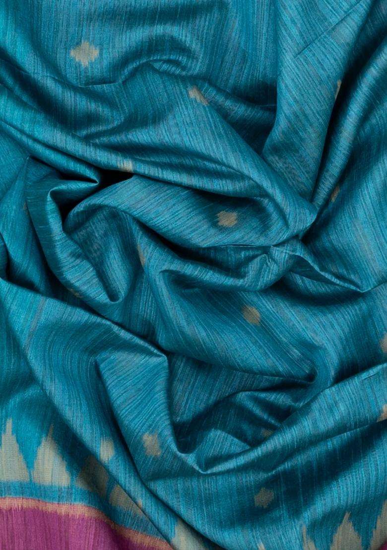 Cyan Woven Synthetic Dupion Art Silk Saree With Floral Motifs Contrast Border With Buttas And Brocade Design For Women - Indya