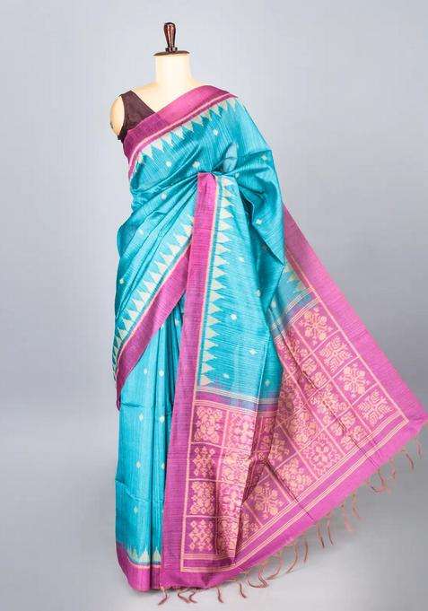 Cyan Woven Synthetic Dupion Art Silk Saree With Floral Motifs Contrast Border With Buttas And Brocade Design For Women