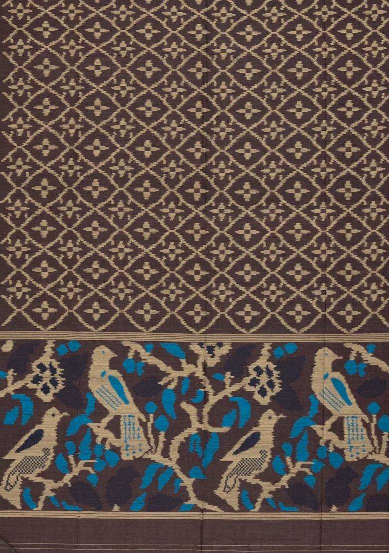 Dark Brown Woven Synthetic Dupion Art Silk Saree With Bird Motifs Contrast Border With Buttas And Brocade Design For Women - Indya
