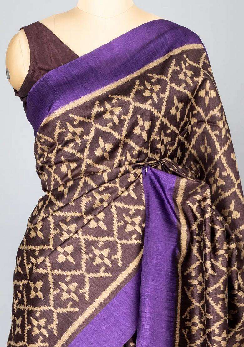 Dark Brown Woven Synthetic Dupion Art Silk Saree With Bird Motifs Contrast Border With Buttas And Brocade Design For Women - Indya