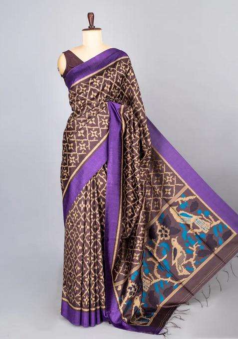 Dark Brown Woven Synthetic Dupion Art Silk Saree With Bird Motifs Contrast Border With Buttas And Brocade Design For Women