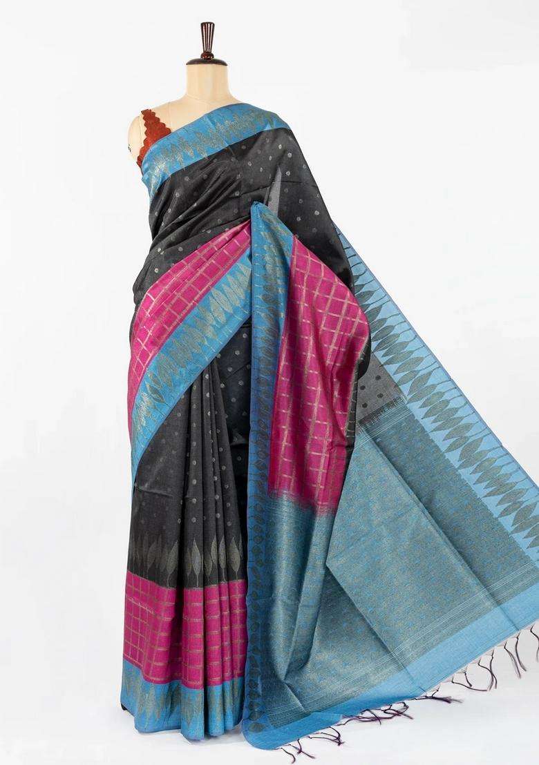 Black Woven Synthetic Dupion Art Silk Saree With Checks Floral Motifs With Buttas And Brocade Design For Women - Indya