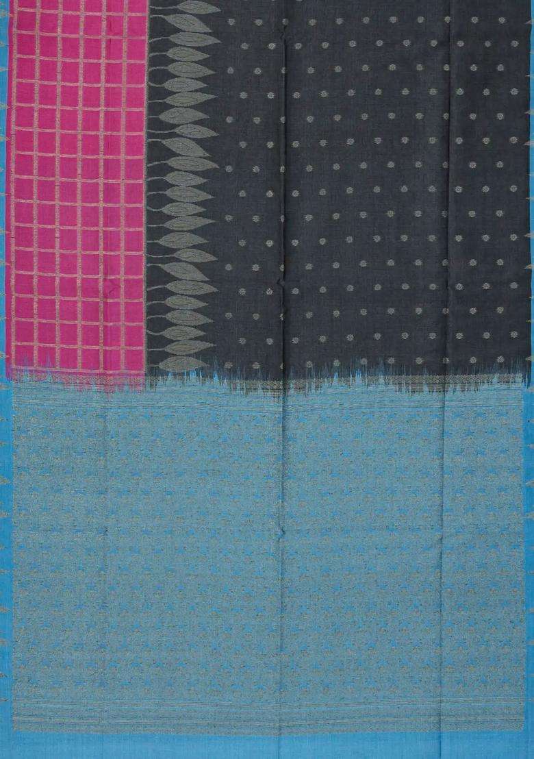 Black Woven Synthetic Dupion Art Silk Saree With Checks Floral Motifs With Buttas And Brocade Design For Women - Indya