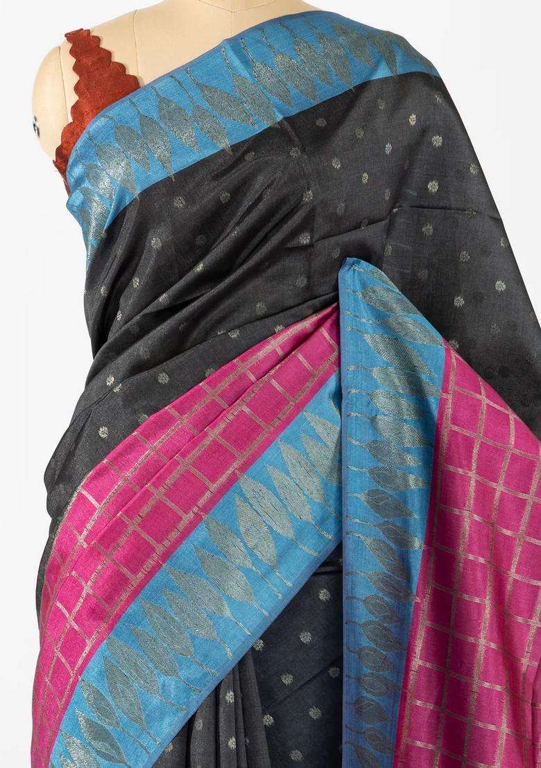 Black Woven Synthetic Dupion Art Silk Saree With Checks Floral Motifs With Buttas And Brocade Design For Women - Indya