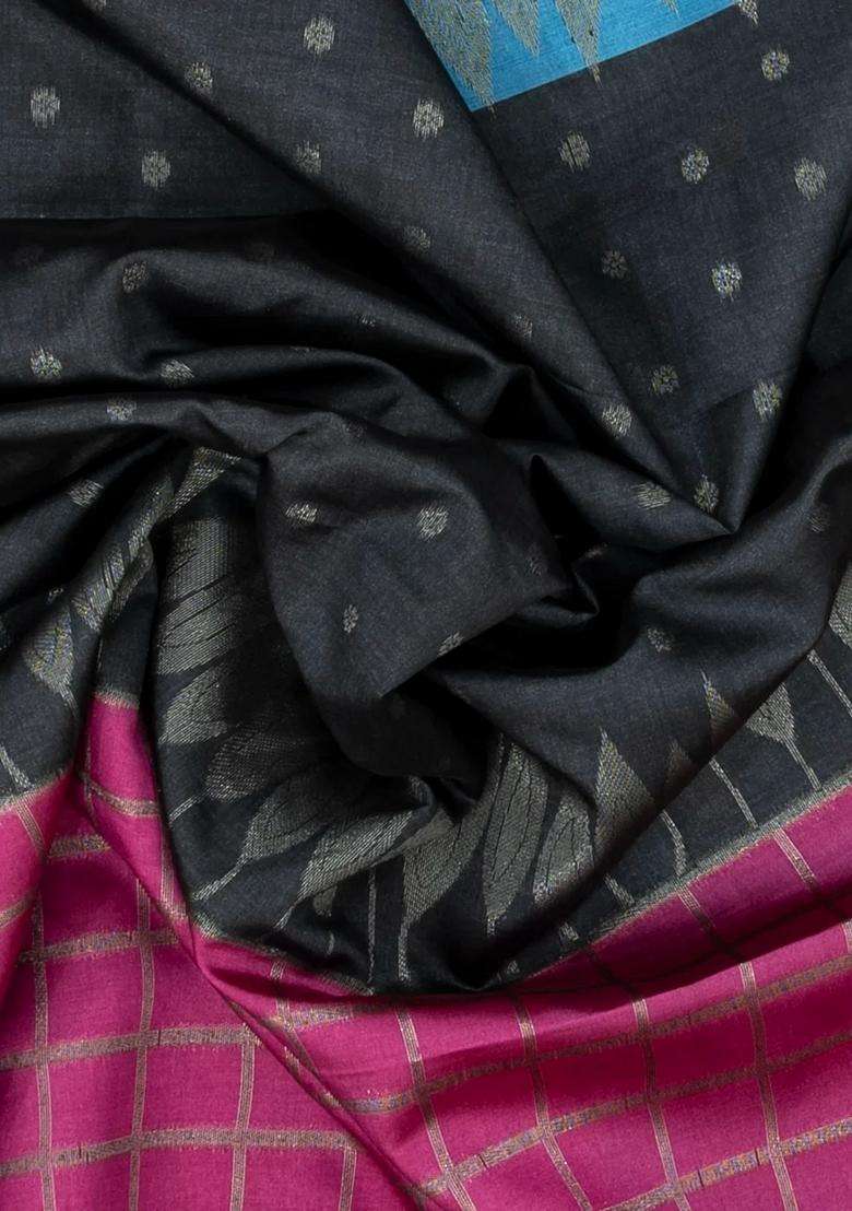 Black Woven Synthetic Dupion Art Silk Saree With Checks Floral Motifs With Buttas And Brocade Design For Women - Indya