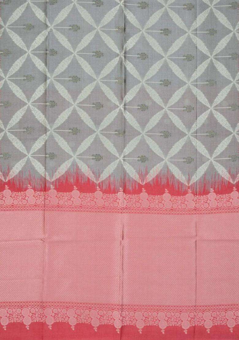 Grey Woven Synthetic Dupion Art Silk Saree With Floral Jaal Motifs With Buttas And Brocade Design For Women - Indya