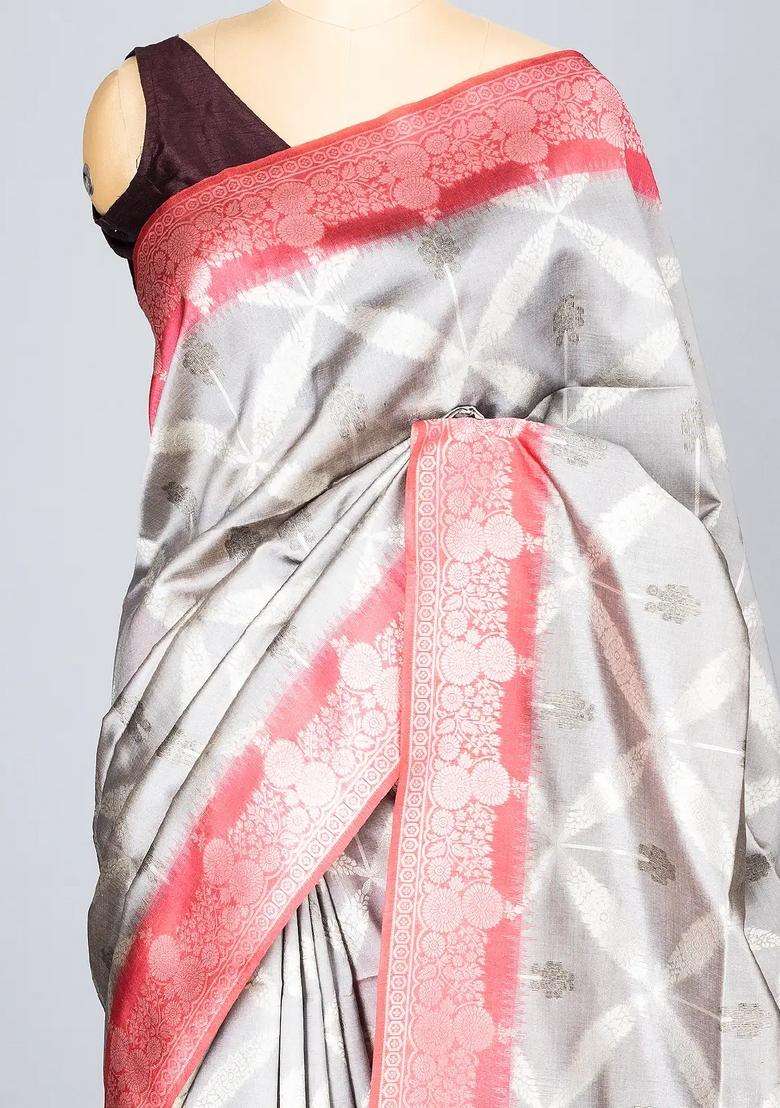Grey Woven Synthetic Dupion Art Silk Saree With Floral Jaal Motifs With Buttas And Brocade Design For Women - Indya
