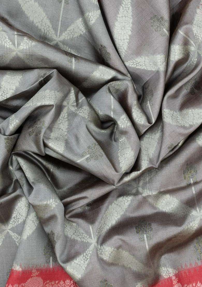 Grey Woven Synthetic Dupion Art Silk Saree With Floral Jaal Motifs With Buttas And Brocade Design For Women - Indya