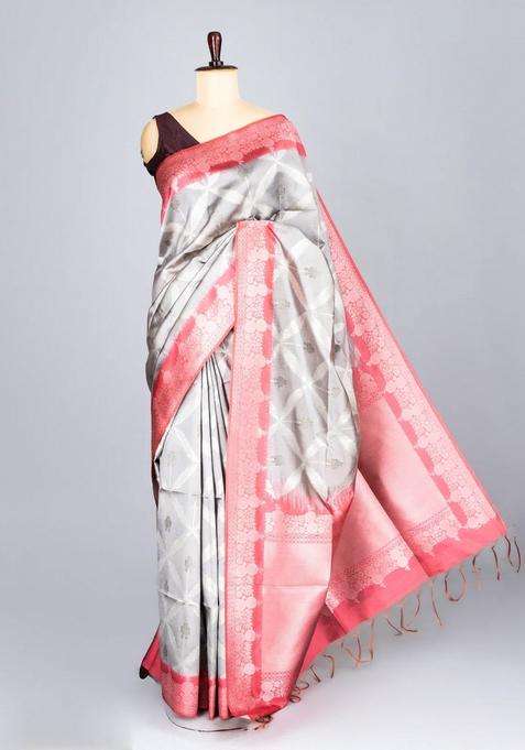 Grey Woven Synthetic Dupion Art Silk Saree With Floral Jaal Motifs With Buttas And Brocade Design For Women