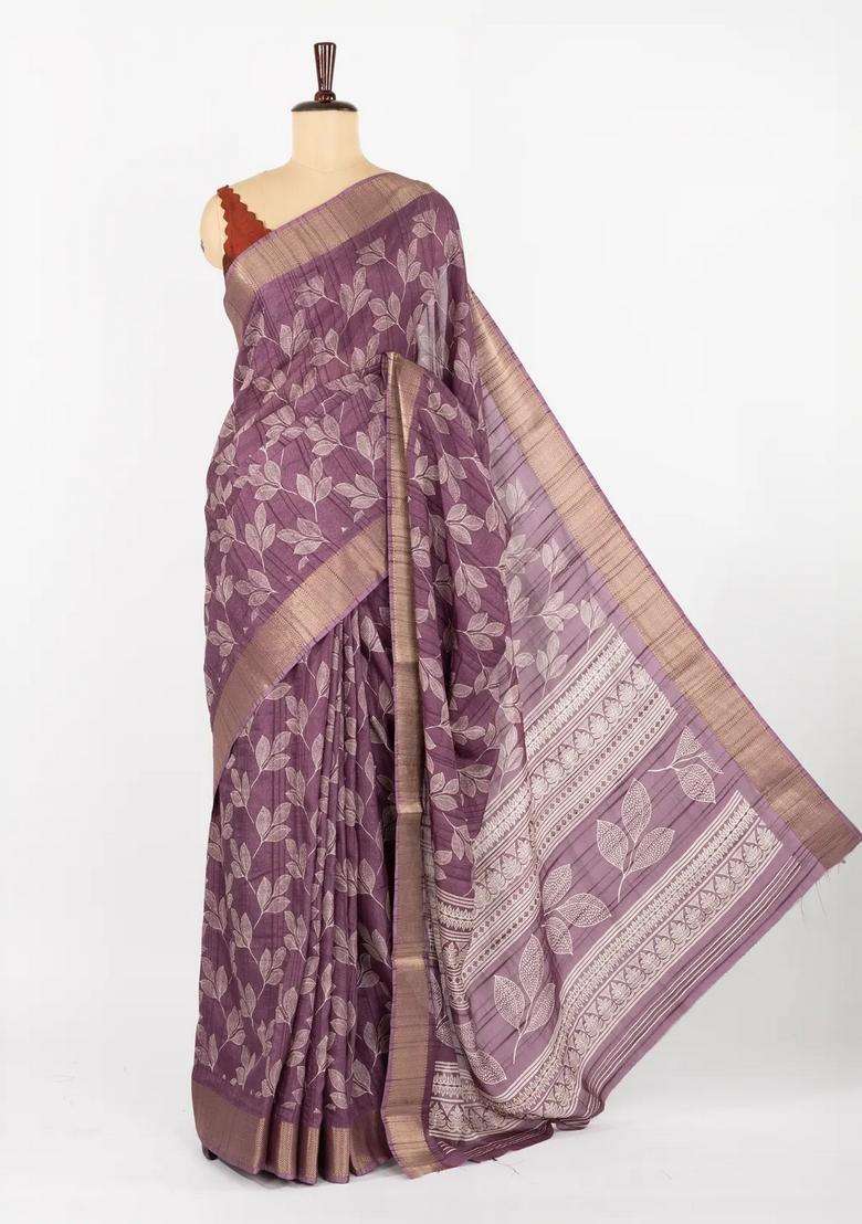 Lilac Woven Synthetic Dola Art Silk Saree With Printed Floral Motifs For Women - Indya
