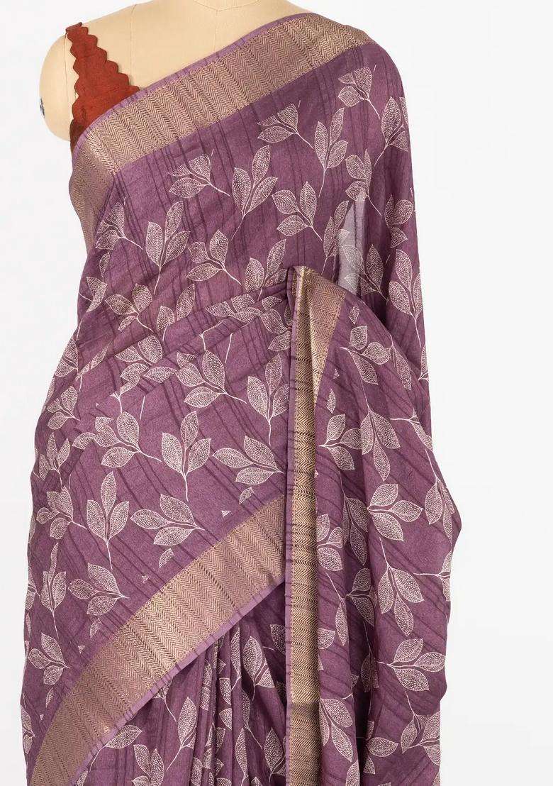 Lilac Woven Synthetic Dola Art Silk Saree With Printed Floral Motifs For Women - Indya