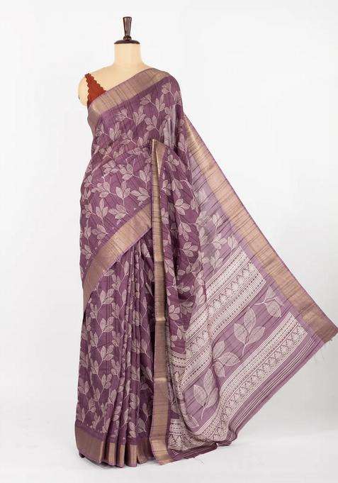Lilac Woven Synthetic Dola Art Silk Saree With Printed Floral Motifs For Women