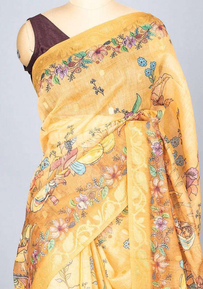 Beige Woven Art Chanderi Silk Cotton Saree With Printed Musical Motifs For Women - Indya