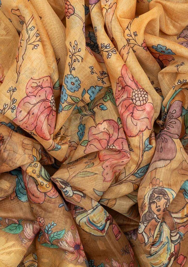 Beige Woven Art Chanderi Silk Cotton Saree With Printed Musical Motifs For Women - Indya